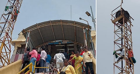 திருச்சி: உச்சிப்பிள்ளையார் கோயில் கார்த்திகை தீப கோபுரத்தில் ஏறி விவசாயிகள் போராட்டம்