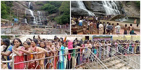 குற்றாலத்தில், சாரல் சீஸன் தொடங்கியுள்ள நிலையில் குற்றால அருவிகளில் குளிக்க குவிந்த சுற்றுலாப் பயணிகள்