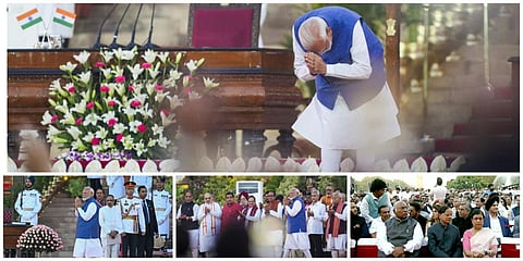 குடியரசுத் தலைவர் திரவுபதி முர்மு, மூன்றாவது முறையாக பிரதமராகும் மோடிக்கு பதவிப் பிரமாணமும், ரகசியக் காப்புப் பிரமாணமும் செய்து வைத்தார்.