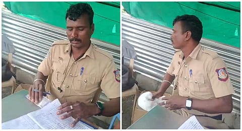 ஆரல்வாய்மொழி சோதனை சாவடியில் லாரி ஓட்டுநர்களிடம் லஞ்சம் வாங்கிய காவலர், பணத்தை பதிவேட்டுக்கு அடியில் மறைத்து வைக்கும் காட்சி.