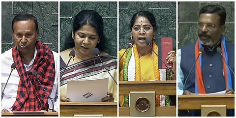 மக்களவை உறுப்பினர்களாக பதவியேற்றுக் கொண்ட தமிழக எம்.பிக்கள் டி.ஆர்.பாலு, கனிமொழி, சுதா, திருமாவளவன்