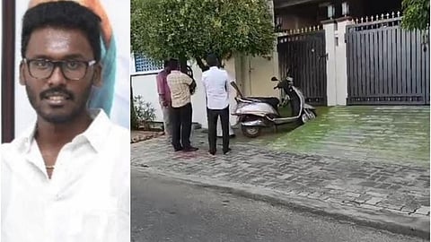 படம்: கரூர் மாவட்ட அதிமுக தகவல் தொழில்நுட்பப் பிரிவு நிர்வாகி கவின் மற்றும் ஆண்டாங்கோவில் மேற்கு அம்மன் நகரில் உள்ள கவின் வீடு.