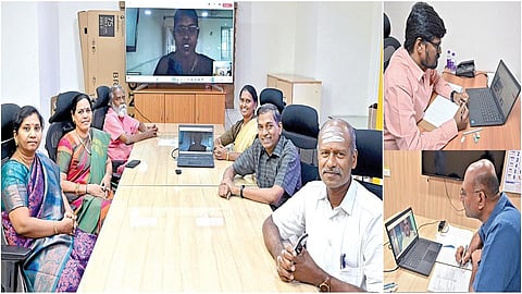 ‘இந்து தமிழ் திசை - அன்பாசிரியர் 2023' விருதுக்காக இணைய வழியில் ஆசிரியர்களிடம் நேர்காணலை நடத்திய நடுவர் குழுவினர்.படங்கள்: எஸ்.சத்தியசீலன்