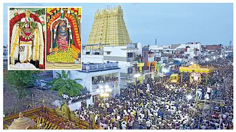 சங்கரன்கோவிலில் நேற்று நடைபெற்ற ஆடித்தபசு திருவிழாவில் பங்கேற்ற திரளான பக்தர்கள் | உள்படம்: சுவாமி சங்கரநாராயணர், தவக்கோலத்தில் கோமதி அம்பாள். படங்கள்: மு.லெட்சுமி அருண்