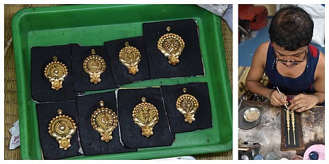 கோவையில் உள்ள நகை பட்டறையில் தங்க நகை வடிவமைப்பில் ஈடுபட்டுள்ள தொழிலாளி | படம்: ஜெ.மனோகரன்