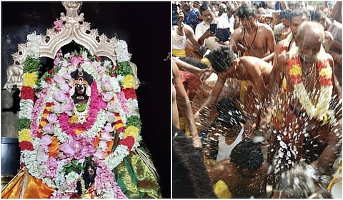 கரூர் மாவட்டம் கிருஷ்ணராயபுரம் வட்டம் மேட்டுமகாதானபுரம் கரூர் மாவட்டம் கிருஷ்ணராயபுரம் வட்டம் மேட்டுமகாதானபுரம் ஸ்ரீமகாலட்சுமி அம்மன் கோயிலில் இன்று (ஆக. 4ம் தேதி) நடந்த ஆடிப்பெருக்கு திருவிழா தலைத்தேங்காய் உடைக்கும் நிகழ்ச்சியில்ல் பக்தர் தலையில் தேங்காய் உடைக்கப்படுகிறது.