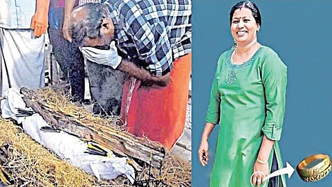 மகள் ஜிசாவின் கைக்கு இறுதிச் சடங்கு செய்த தந்தை ராமசாமி. அடுத்த படம்: உயிரிழந்த ஜிசா, அவர் விரலில் அணிந்திருந்த திருமண மோதிரம்.