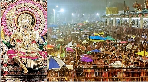 மேல்மலையனூர் அங்காளம்மன் கோவிலில் நேற்று இரவு ஆடி மாத அமாவாசையை முன்னிட்டுநடைபெற்ற ஊஞ்சல் உற்சவத்தில்சிறப்பு அலங்காரத்தில் பக்தர்களுக்கு அருள் பாலித்த உற்சவர் அங்காளம்மன். (அடுத்தபடம் ) :மேல்மலையனூர் அங்காளம்மன் கோயிலில் நடைபெற்ற ஊஞ்சல் உற்சவத்தில்கொட்டும் மழையில் கலந்து கொண்ட பக்தர்களின் கூட்டத்தினர்.