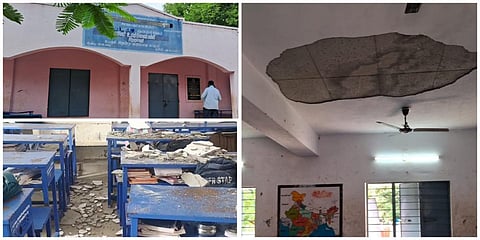 சிறுதாவூர் உயர்நிலைப் பள்ளி மேற்கூரை பெயர்ந்து விழுந்து 5 மாணவிகள் காயம் அடைந்தனர்