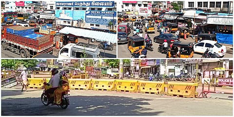 தேனி காமராஜர் பேருந்து நிலையத்துக்குள் அனைத்து வாகனங்களும் செல்வதால் நெரிசல் ஏற்பட்டது.