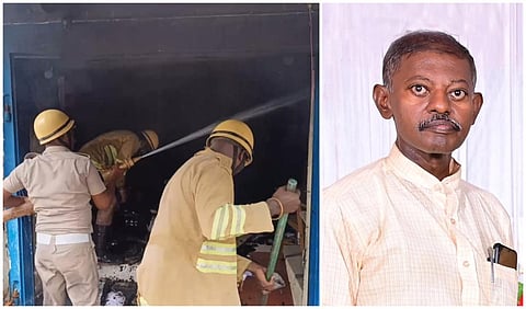 தீயணைப்பு வீரர்கள் (இடது) | தீவிபத்தில் உயிரிழந்த மேலாளர் ஸ்ரீதரன் (வலது)