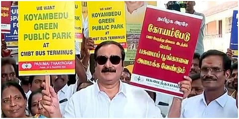 கோயம்பேட்டில் பசுமை பூங்கா அமைக்க வலியுறுத்தி பசுமைத் தாயகம் அமைப்பு சார்பில் கையெழுத்து இயக்கத்தை பாமக தலைவர் அன்புமணி ராமதாஸ் தொடங்கி வைத்தார்.