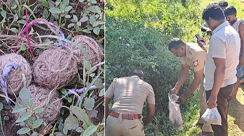 திண்டுக்கல் மாவட்டம் நத்தம் குடியிருப்பு பகுதிகளில் சாலை ஓரம் கிடந்த நாட்டு வெடிகளைப் பார்வையிடும் காவல்துறையினர்.