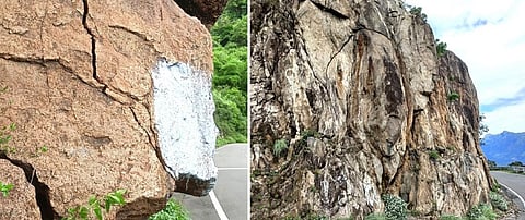 போடிமெட்டு மலைச்சாலையில் உள்ள பாறைகளில் ஏற்பட்டுள்ள பிளவுகள் | படம்:என்.கணேஷ்ராஜ்.