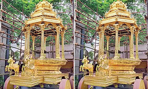 காஞ்சிபுரத்தில் தயாரிக்கப்பட்டு அமெரிக்க கோயிலுக்கு செல்லும் தங்கத் தேர்!