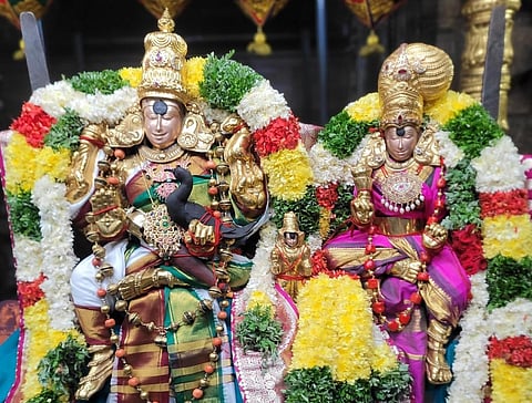 மதுரை மீனாட்சி அம்மன் கோயிலில் ஆவணி மூலத்திருவிழாவின் முதல் நாளான இன்று காலையில் கருங்குருவிக்கு உபதேசித்த திருவிளையாடல் அலங்காரத்தில் பிரியாவிடை சுந்தரேசுவரர், மீனாட்சி அம்மன் அருள்பாலித்தனர். | படம்: எஸ்.கிருஷ்ணமூர்த்தி