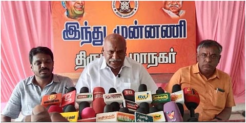 திருப்பூரில் இந்து முன்னணி அமைப்பின் மாநிலத் தலைவர் காடேஸ்வரா சி. சுப்பிரமணியம் செய்தியாளர்களைச் சந்தித்தார்.