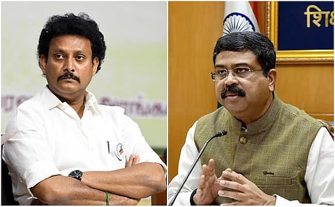 அன்பில் மகேஸ் (இடது) | தர்மேந்திர பிரதான் (வலது)