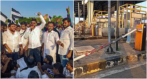 துவாக்குடி சுங்கச்சாவடியில் முற்றுகைப் போராட்டத்தில் ஈடுபட்ட மனித நேய மக்கள் கட்சியினர் (அடுத்த படம்) போராட்டத்தின்போது சிலரால் உடைத்து சேதப்படுத்தப்பட்ட சுங்கச்சாவடி.