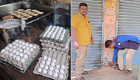 துறையூரில் அரசு முட்டைகளை உணவு தயாரிக்க பயன்படுத்திய உணவகம். (அடுத்தப்படம்) உணவகத்துக்கு சீல் வைத்த அதிகாரிகள்.