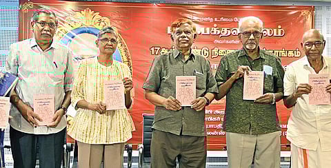 பி.வி.பக்தவச்சலம் 17-ம் ஆண்டு நினைவு கருத்தரங்கம் சென்னையில் நேற்று நடைபெற்றது. இதில் ‘சட்டங்களை அறிவோம், வன்முறைகளை களைவோம்’ என்ற நூலை தமிழ்நாடு முற்போக்கு எழுத்தாளர் கலைஞர்கள் சங்கத்தின் துணைத் தலைவர் மயிலை பாலு வெளியிட, டாக்டர் கோபிகர் அறக்கட்டளை தலைவர் எஸ்.ஜெகதா பெற்றுக் கொண்டார். உடன் , சென்னை உயர் நீதிமன்ற முன்னாள் நீதிபதி சந்துரு, நூல் ஆசிரியர் வழக்கறிஞர் பி.எஸ்.அஜிதா, மருத்துவர்கள் ஆர்.சாந்தி, ரெக்ஸ் சற்குணம், கல்வியாளர் பொன் தனசேகரன். | படம்: எஸ்.சத்தியசீலன் |