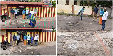 கரூர் ரயில்வே குடியிருப்பில் உள்ள ஆஞ்சநேயர் கோயிலில் தேங்காய் உடைத்து முறையிட்ட இந்து முன்னணி அமைப்பினர்.