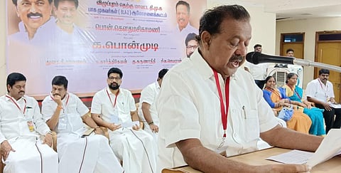 பாகநிலை முகவர்கள் ஆலோசனைக் கூட்டத்தில் பேசிய அமைச்சர் பொன்முடி.