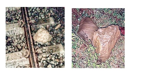 தென்காசி மாவட்டம் கடையநல்லூர் - பாம்புகோவில் சந்தை ரயில் நிலையங்களுக்கு இடையே தண்டவாளத்தில் வைக்கப்பட்டிருந்த கல். (அடுத்த படம்) தண்டவாளத்திலிருந்து அகற்றப்பட்ட கற்கள்.