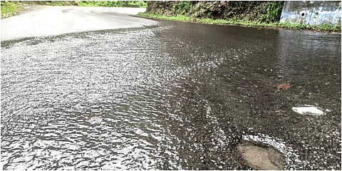 போடிமெட்டு 14-வது கொண்டை ஊசி வளைவு அருகே வனப்பகுதியில் இருந்து பெருக்கெடுத்து வரும் மழைநீர் சாலையை கடந்து செல்கிறது.