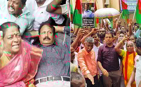 புதிய தமிழகம் கட்சி பேரணிக்கு அனுமதி மறுப்பு: கொட்டும் மழையில் சாலையில் படுத்து கிருஷ்ணசாமி ஆர்ப்பாட்டம்