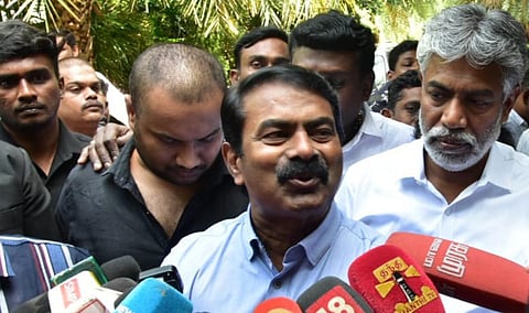 கோவையில் செய்தியாளர்களிடம் பேசிய நாம் தமிழர் கட்சியின் ஒருங்கிணைப்பாளர் சீமான்.