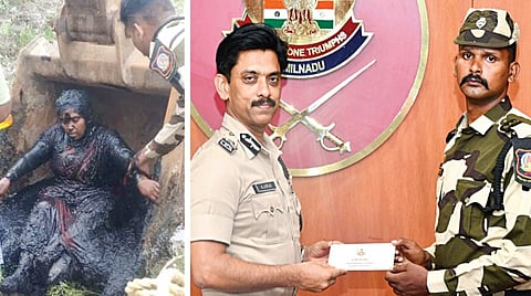 கூவம் ஆற்றில் தவறி விழுந்து மீட்கப்பட்ட பெண். (அடுத்த படம்) சிறப்பு அதிவிரைவுப்படை காவலர் வினோத்தை நேரில் வரவழைத்து, சான்றிதழ் வழங்கி பாராட்டிய காவல் ஆணையர் அருண்.