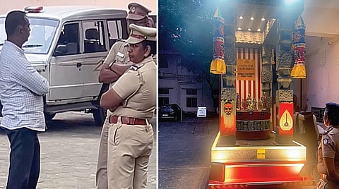 ‘சங்கீத ஞானமு’ குழுவால் ஏற்பாடு செய்யப்பட்ட ரதம், மயிலாப்பூர் பி.எஸ் பள்ளிக்கு சென்றபோது, அதை தடுத்து நிறுத்துவதற்கு தயாராக இருந்த போலீஸார். (அடுத்த படம்) பி.எஸ். பள்ளியில் நிறுத்தி வைக்கப்பட்டுள்ள ரதம்.