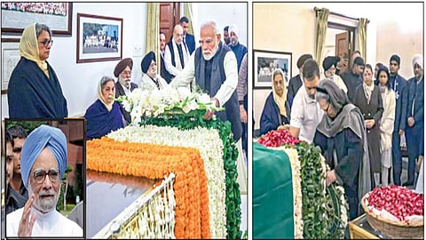 முன்னாள் பிரதமர் மன்மோகன் சிங் நேற்று முன்தினம் காலமானார். டெல்லியில் அவரது இல்லத்தில் வைக்கப்பட்டிருந்த உடலுக்கு பிரதமர் நரேந்திர மோடி, காங்கிரஸ் மூத்த தலைவர் சோனியா காந்தி ஆகியோர் நேற்று மலர் வளையம் வைத்து அஞ்சலி செலுத்தினர்