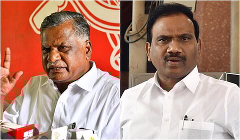 இந்திய கம்யூனிஸ்ட் கட்சியின் மாநிலச் செயலாளர் இரா.முத்தரசன் (இடது), திமுக எம்.பி. ஆ.ராசா (வலது)