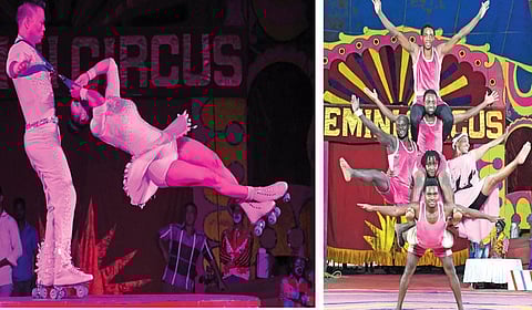 ரோலர் ஸ்கேட்டிங் சாகசம் புரியும் கலைஞர். (அடுத்த படம்) எத்தியோப்பியா கலைஞர்களின் ஜிம்னாஸ்டிக் நிகழ்ச்சி.