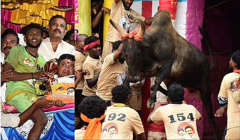 பாலமேட்டில் நடந்த ஜல்லிக்கட்டுப் போட்டியில் 14 காளைகளை அடக்கி முதலிடம் பிடித்த பார்த்திபனுக்கு கார் பரிசாக வழங்கப்பட்டது. | படங்கள்: எஸ்.கிருஷ்ணமூர்த்தி