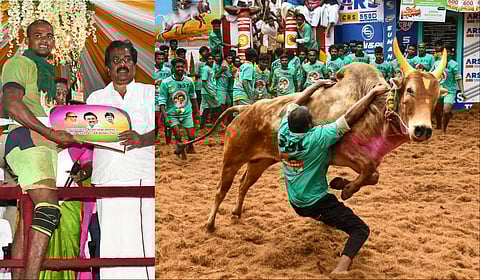 அலங்காநல்லூர் ஜல்லிக்கட்டுப் போட்டியில் 20 காளைகளை அடக்கி முதலிடம் பிடித்த மாடுபிடி வீரர் அபி சித்தருக்கு கார் பரிசாக வழங்கப்பட்டது. | படங்கள்: நா.தங்கரத்தினம்