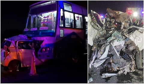 கரூர் அருகே அரசு பேருந்து - கார் நேருக்கு நேர் மோதல்: 5 பேர் உயிரிழப்பு