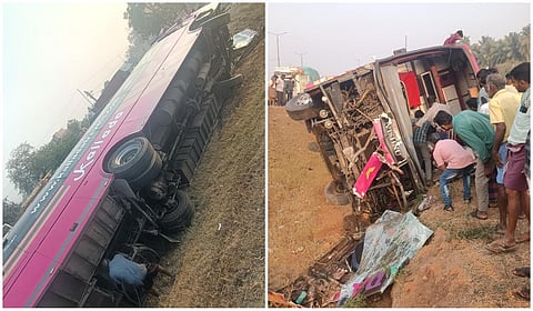 பெருந்துறை அருகே தனியார் சொகுசு பேருந்து கவிழ்ந்து விபத்து: ஒருவர் உயிரிழப்பு, 20 பேர் காயம்