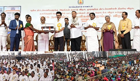 செங்கல்பட்டில் நடந்த அரசு விழாவில் பயனாளிகளுக்கு தமிழக முதல்வர் மு.க.ஸ்டாலின் நலத்திட்ட உதவிகளை வழங்கினார்.
