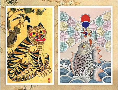 மின்ஹ்வா ஓவியம்: நகைப்பூட்டும் புலி, பறக்கும் மீன்கள்