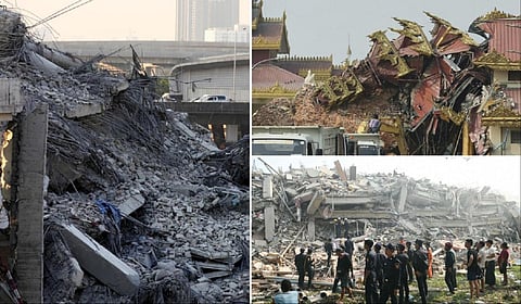 மியான்மரில் ஏற்பட்ட பூகம்பத்தில் உருக்குலைந்த கட்டிடங்கள்