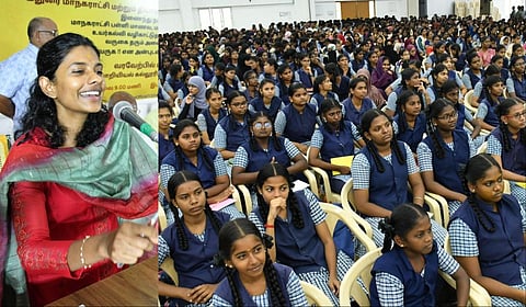 மதுரையில் நடந்த மாணவர்களுக்கான உயர்கல்வி வழிகாட்டு நிகழ்ச்சியில் ஆணையர் சித்ரா உரையாற்றினார் | படங்கள்: எஸ்.கிருஷ்ணமூர்த்தி