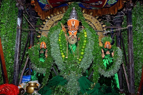 பங்குனி உத்திர திருவிழா: கழுகுமலை கோயிலில் சண்முகர் பச்சை மலர் சூடி வீதியுலா!