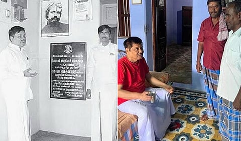 இடது: பாரதியார் இல்லத்தில் மீண்டும் வைக்கப்பட்ட கலைஞர் பெயர் பொறித்த கல்வெட்டு | வலது: எனது கிராமத்து இல்லத்தில் சுற்றத்தாருடன் உரையாடல்.