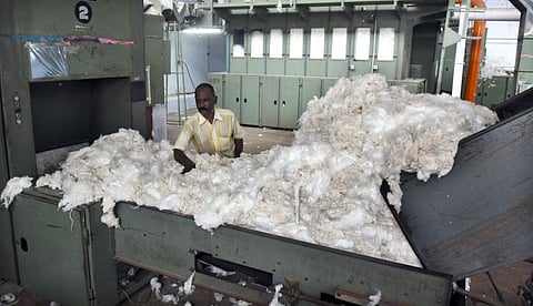 கோவை காளப்பட்டி பகுதியில் உள்ள ஓபன் எண்ட் நூற்பாலையில் கழிவு பஞ்சை நூற்பு இயந்திரத்திற்கு அனுப்பும் பணியில் ஈடுபட்டுள்ள தொழிலாளர் | படம்: ஜெ.மனோகரன்