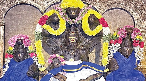 திருநாகேசுவரத்தில் நாகவல்லி, நாககன்னி தேவியருடன் அருள்பாலிக்கும் ராகு பகவான்.