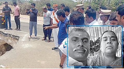 விபத்து நடந்த இடத்தில் ஆய்வு செய்த திருப்பூர் ஆட்சியர் தா.கிறிஸ்துராஜ். (உள்படம்) உயிரிழந்த நாகராஜ், ஆனந்தி.