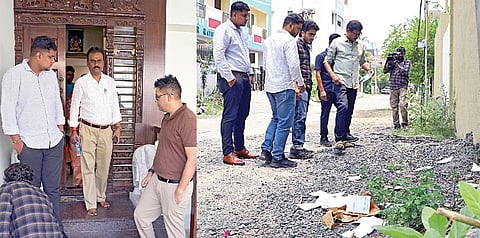 சென்னையில் உள்ள டாஸ்மாக் நிர்வாக இயக்குநர் விசாகன் வீட்டில் நேற்று சோதனை நடத்திய அமலாக்கத் துறையினர், அவரை விசாரணைக்காக அழைத்து சென்றனர். (அடுத்த படம்) வீட்டின் அருகே கிழித்து வீசப்பட்ட ஆவணங்களை சேகரித்த அதிகாரிகள்.